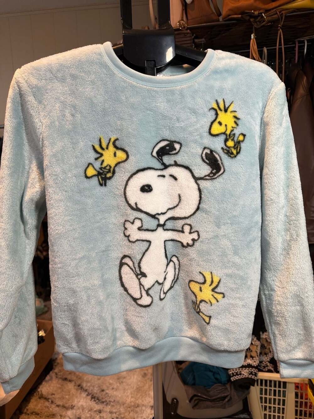 Peanuts Snoopy and Woodstock Light Blue Plush Fuzzy Sweatshirt